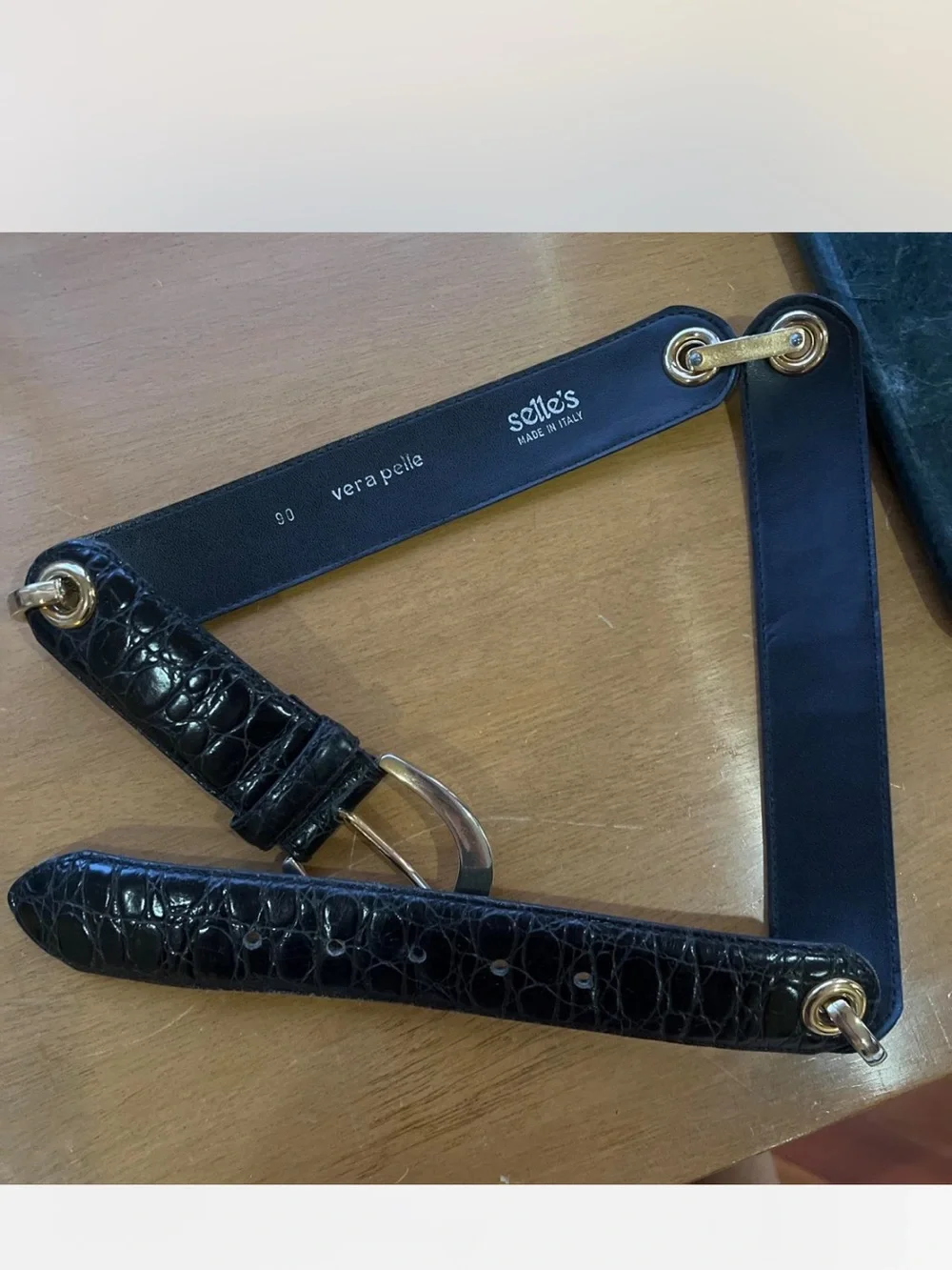 Black Croc-Embossed Italian Leather Waist Belt with Gold Buckle 90